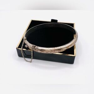 Vintage Sterling Silver Etched Hinged Bangle Bracelet with Safety Chain